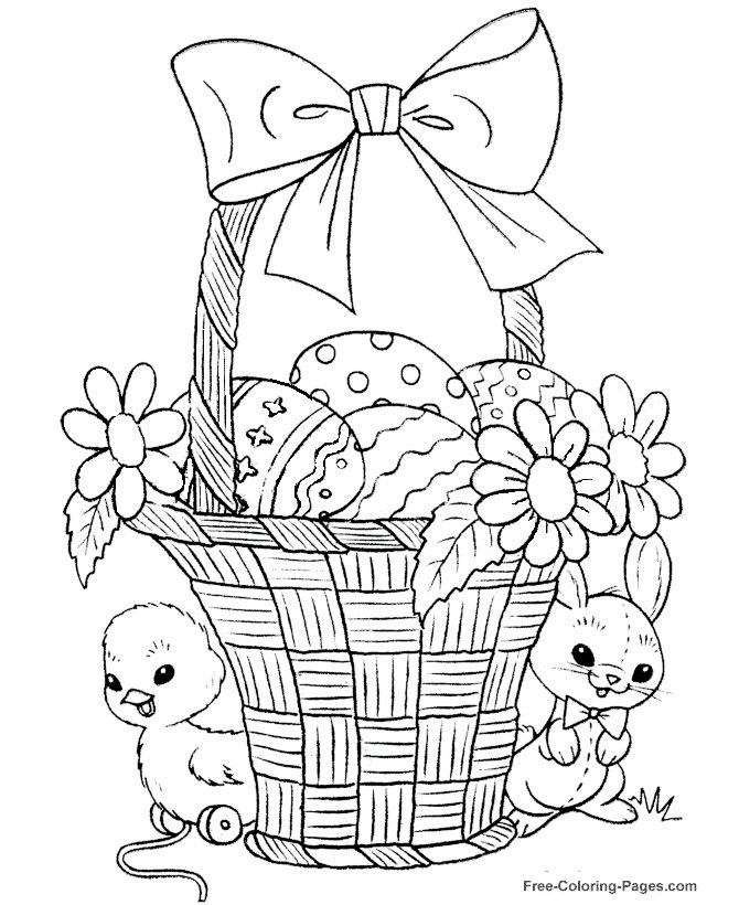 Flowers Bunnies And Easter Basket Coloring Page
